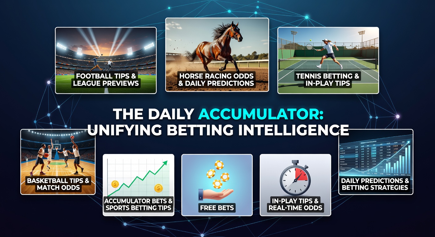 A dynamic split image showing a football corner kick in action, a basketball pick and roll play unfolding, a tennis player converting a break point, and horses bursting from the starting gate in a race