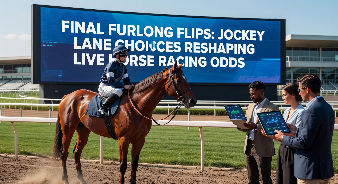 Jockey guiding horse toward outer lane during intense final furlong stretch at a major track