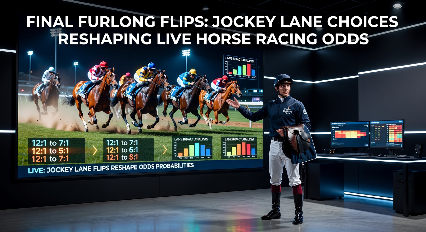 Close-up of jockey deciding between rail and wide path in the final furlong amid a packed field