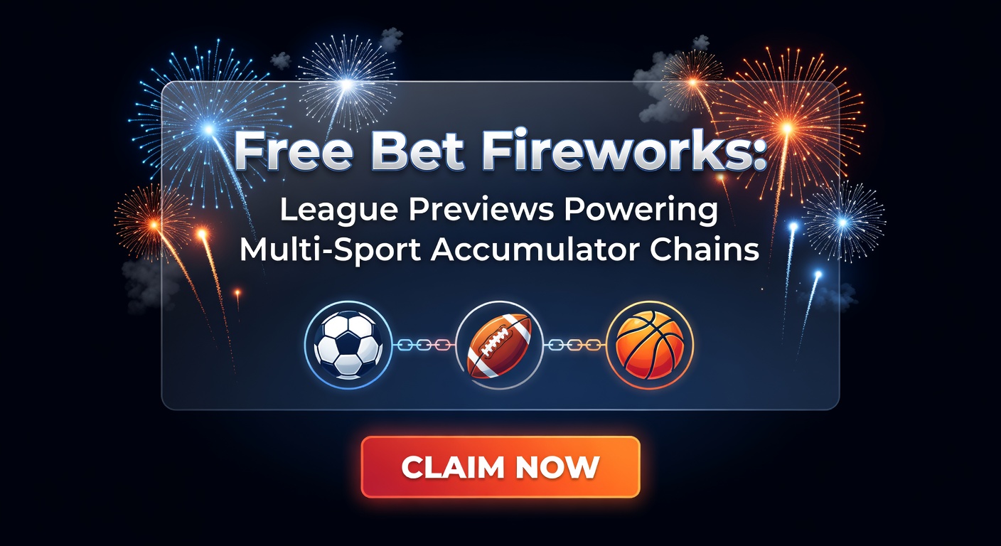 Vibrant display of multi-sport betting slips forming a fireworks explosion, symbolizing explosive wins from accumulator chains fueled by league previews