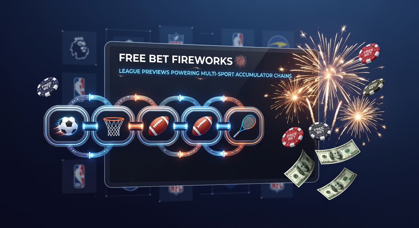 Dynamic infographic showing interconnected accumulator chains linking football pitches, basketball courts, and tennis baselines, with fireworks bursting from preview data points