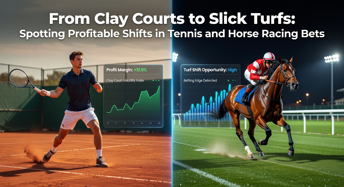 A tennis player sliding on a red clay court transitioning to a green grass turf in horse racing, symbolizing surface shifts in betting opportunities