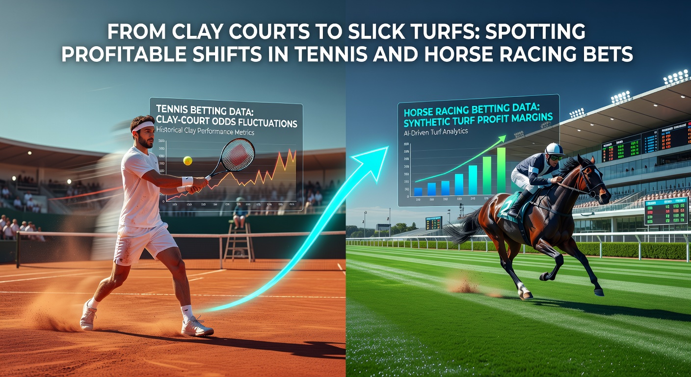 Close-up of horse hooves pounding slick turf next to a tennis ball on clay, highlighting surface adaptation in betting strategies