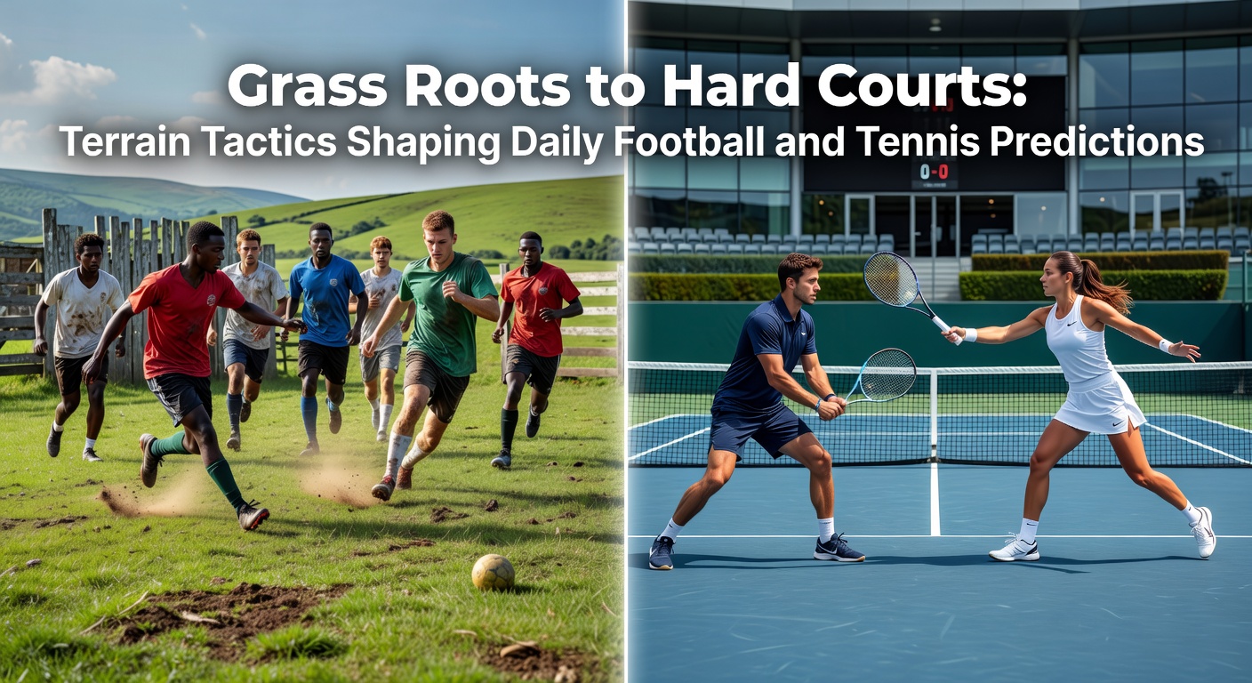 Footballers navigating a slick grass pitch during a Premier League match, with tennis players in the background on a hard court, highlighting terrain contrasts