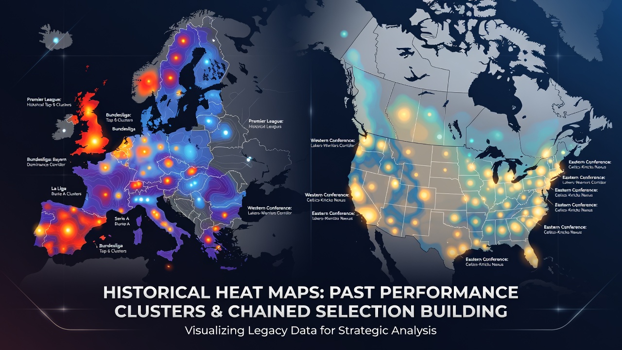 Heat map visualization showing performance clusters across European football divisions with color-coded zones for wins, draws and losses over multiple seasons