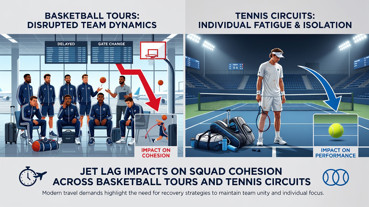 Tennis players and coaches managing recovery and team coordination during a multi-city circuit schedule