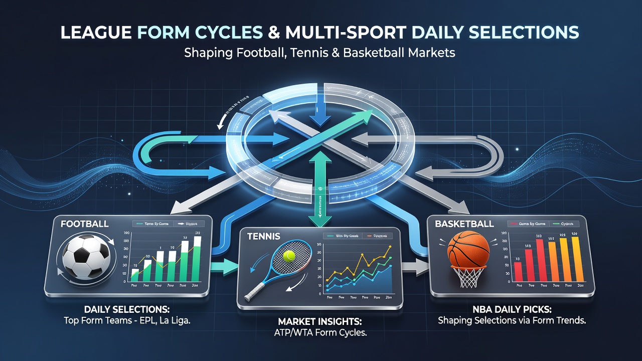 Data charts illustrating performance cycles in football, tennis and basketball with overlaid selection trends for combined markets