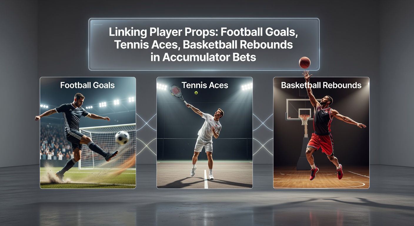 Visual breakdown of player prop bets across football, tennis, and basketball linked in an accumulator chain, showing odds multipliers and payout potential