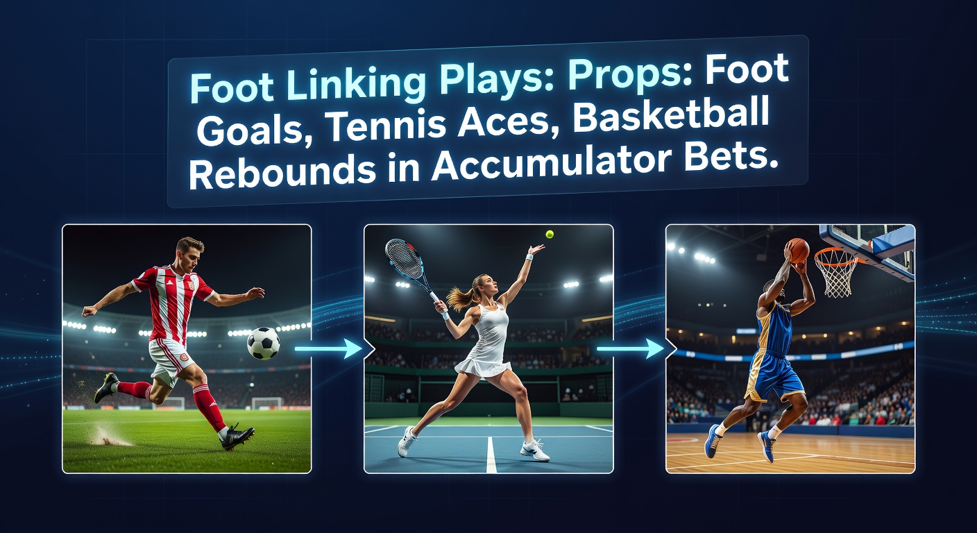 Chart illustrating successful accumulator payout from linked props: a football goal, tennis ace over, and basketball rebound milestone, with odds progression