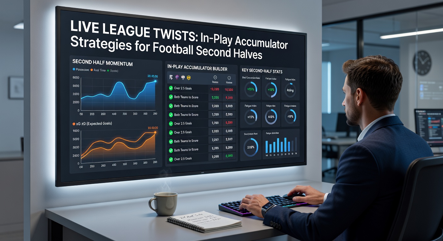 Live betting dashboard during a football second half, highlighting accumulator builds with odds fluctuations