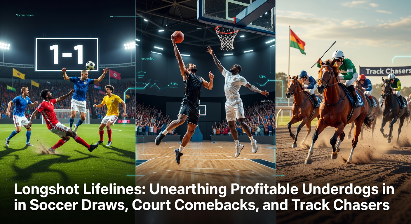 A tense soccer match ending in a draw, with underdog players celebrating; a basketball court comeback in progress; and a horse racing track where a chaser surges from behind