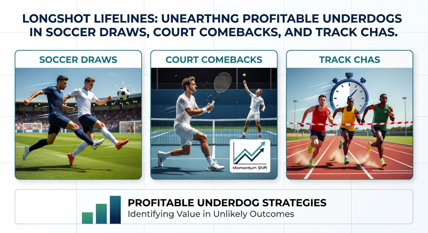 Horse racer surging late on the track; soccer teams locked in a draw; tennis player celebrating a comeback set win