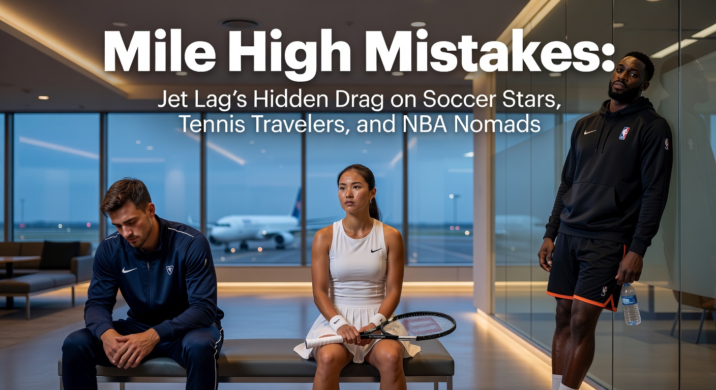 Soccer player looking fatigued on the pitch after long-haul flight, with clock showing time zone shift