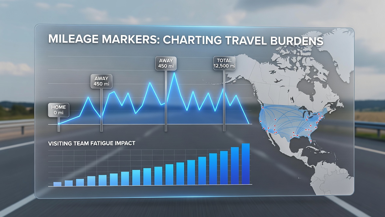 Visual representation of league travel routes and mileage tracking across multiple sports venues