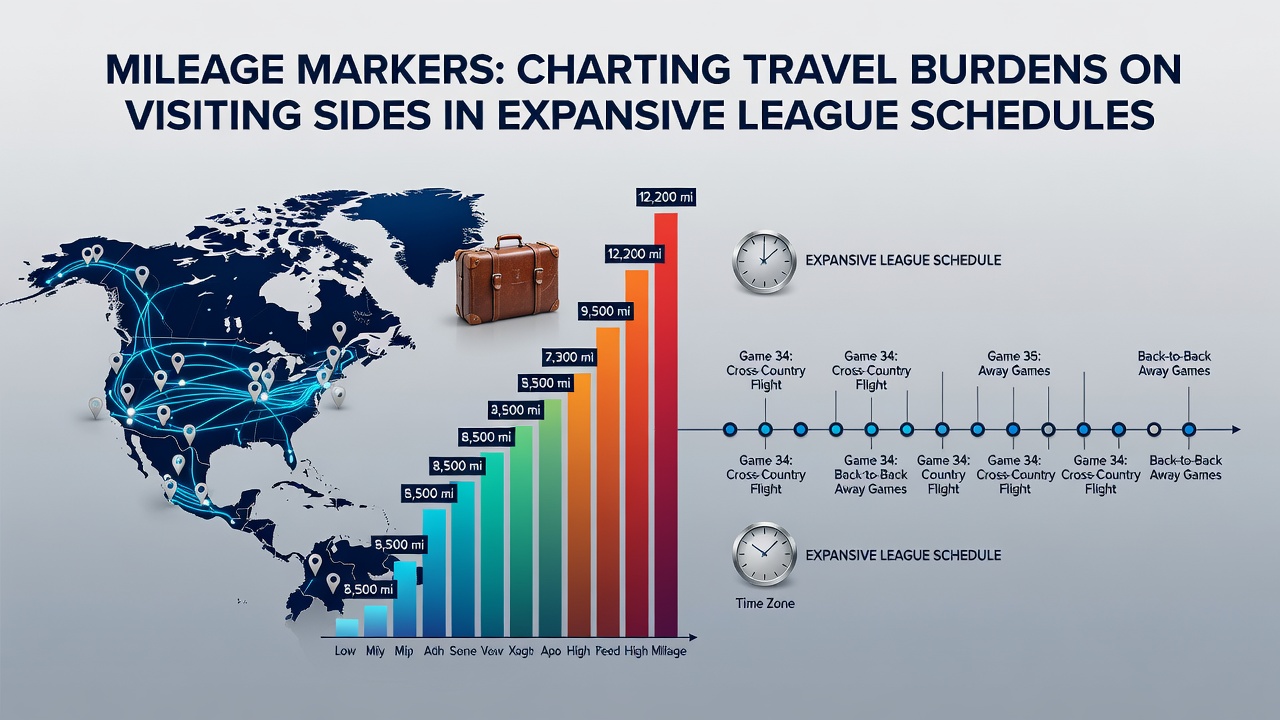 Infographic detailing mileage statistics and performance correlations for visiting teams in league play