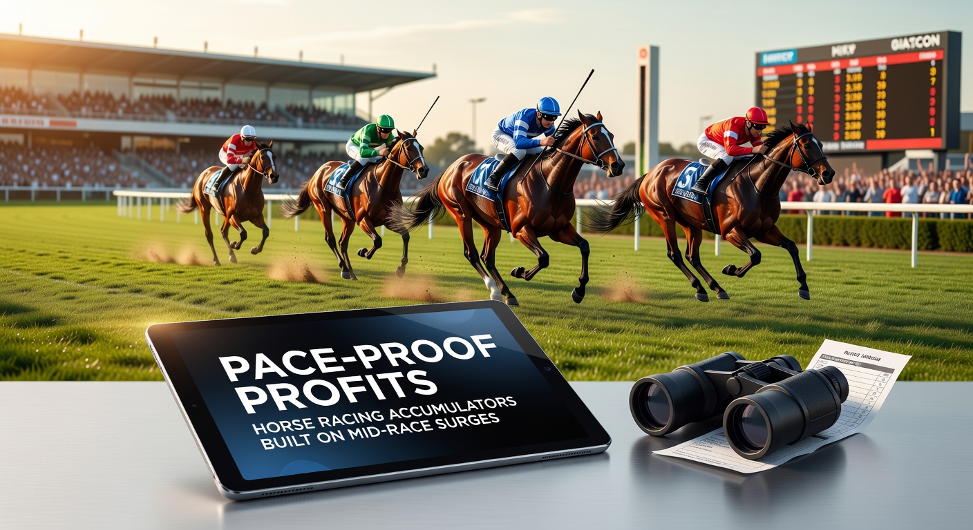 A dynamic photo of horses surging forward mid-race on a turf track, capturing the intensity of pace changes in competitive racing