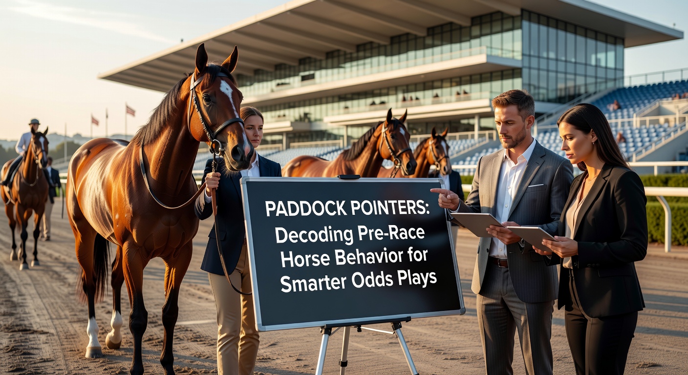 Horses parading in the paddock before a major race, trainers adjusting gear while bettors observe closely