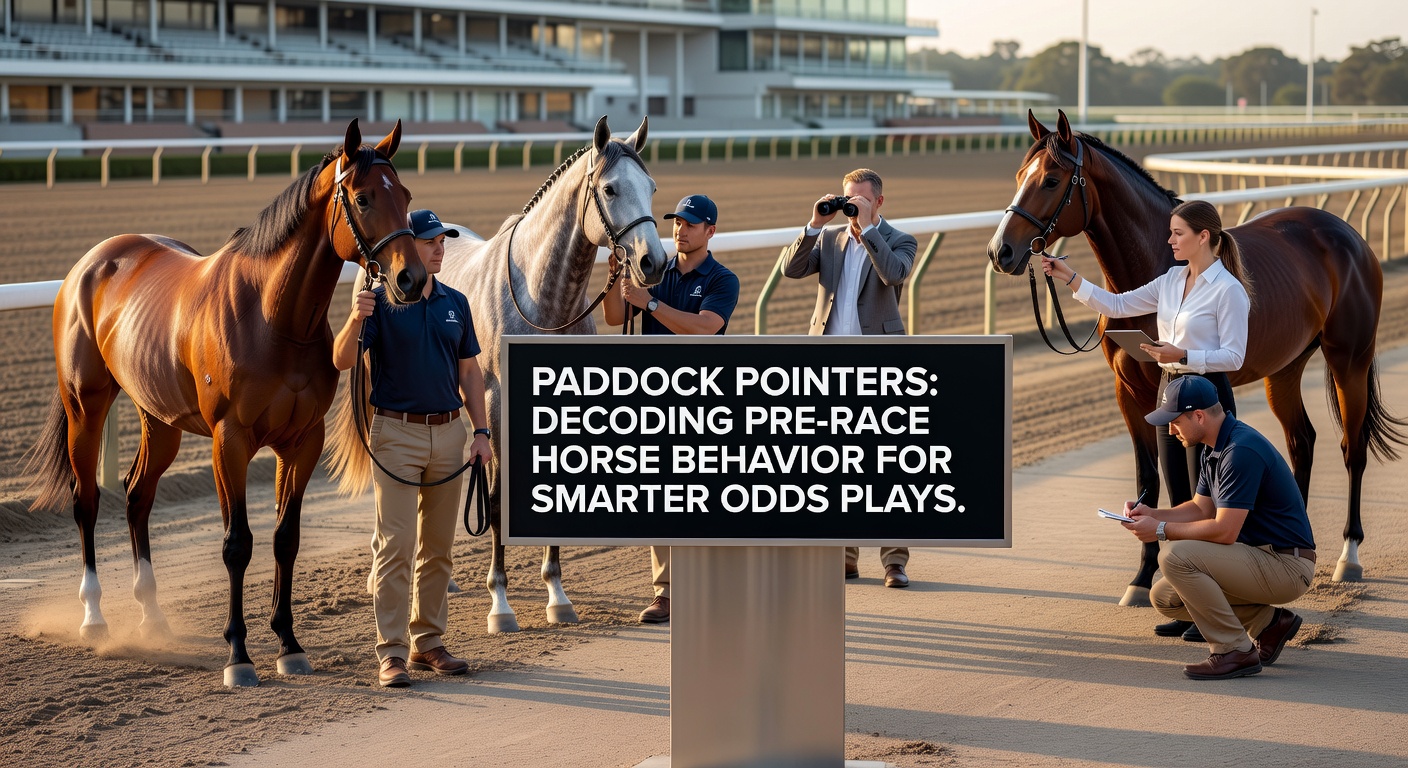 Close-up of a horse's ears pricked forward and tail relaxed during pre-race inspection, highlighting calm demeanor