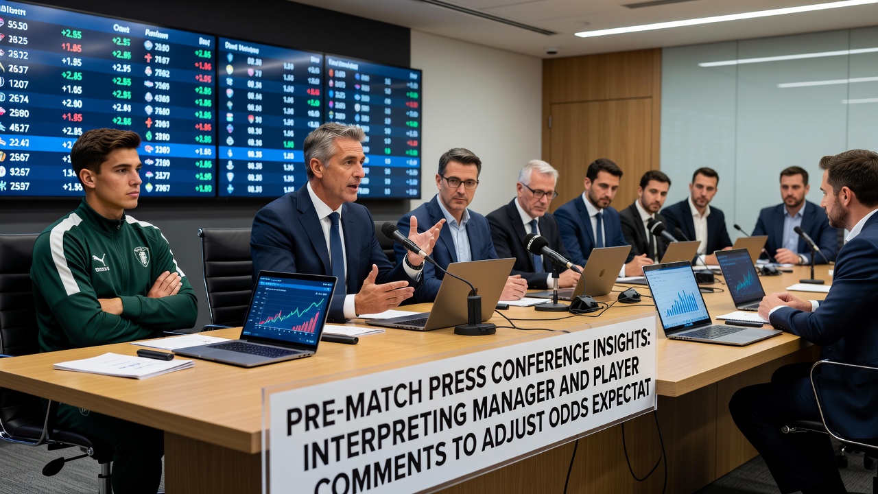 Player speaking at a podium during pre-match media availability with team logo and water bottles on table