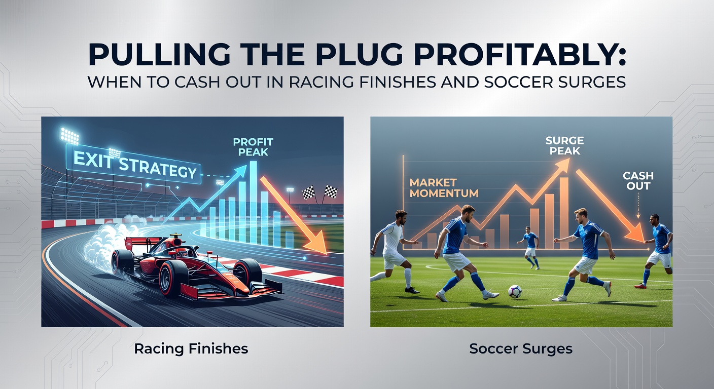 Horse racing finish line with jockeys surging ahead as crowds cheer, capturing the high-stakes moment for cash-out decisions