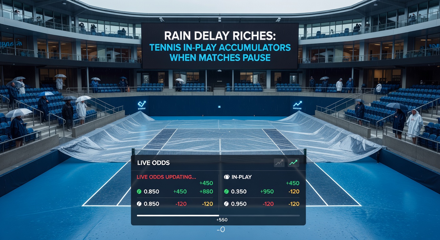 Close-up of a tennis scoreboard during a rain delay, with odds shifting live on screens as bettors watch from the stands