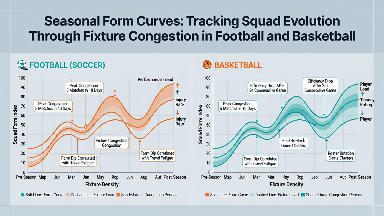 Chart displaying basketball and football team rotation data correlated with fixture density across an entire season