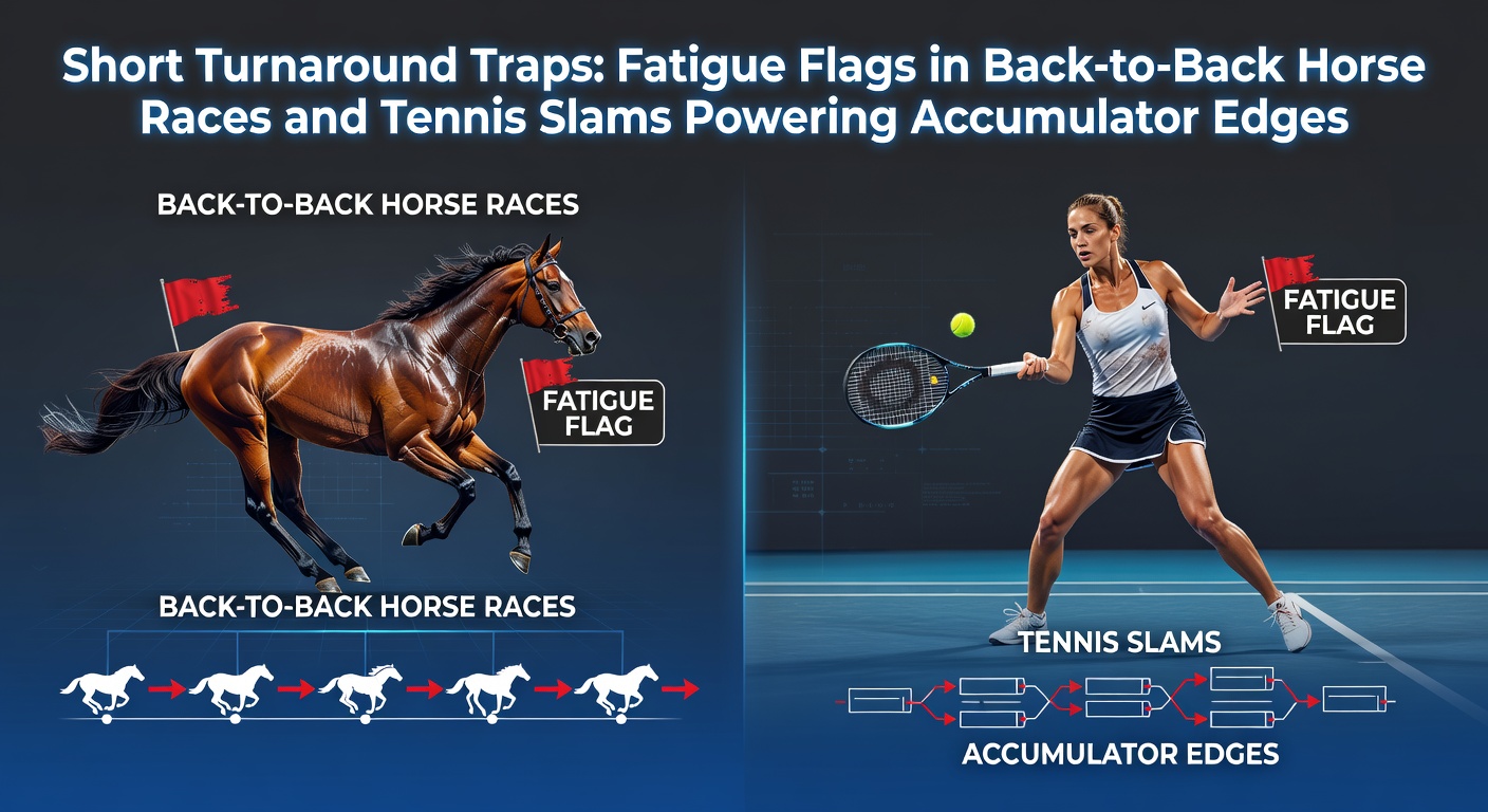 A weary horse thundering down the final stretch in a back-to-back race, with a tennis player slumped during a grueling slam match in the background, highlighting fatigue's toll on performance
