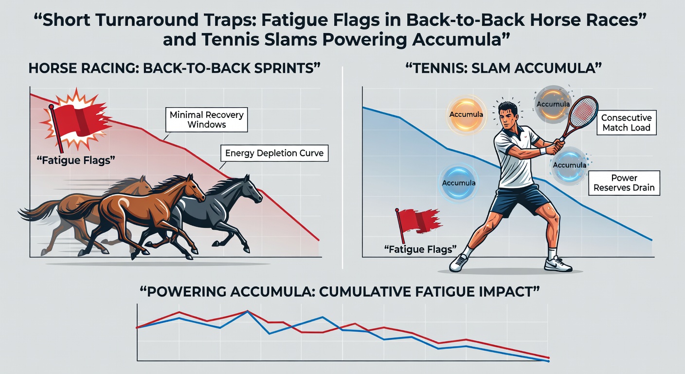 Tennis player wiping sweat during a late-night slam match, contrasted with a horse being cooled down post-race, illustrating the physical strain of relentless schedules
