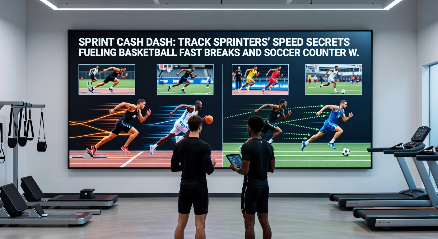 Elite sprinter exploding off the blocks on a track, mirroring the explosive starts seen in basketball fast breaks and soccer counters