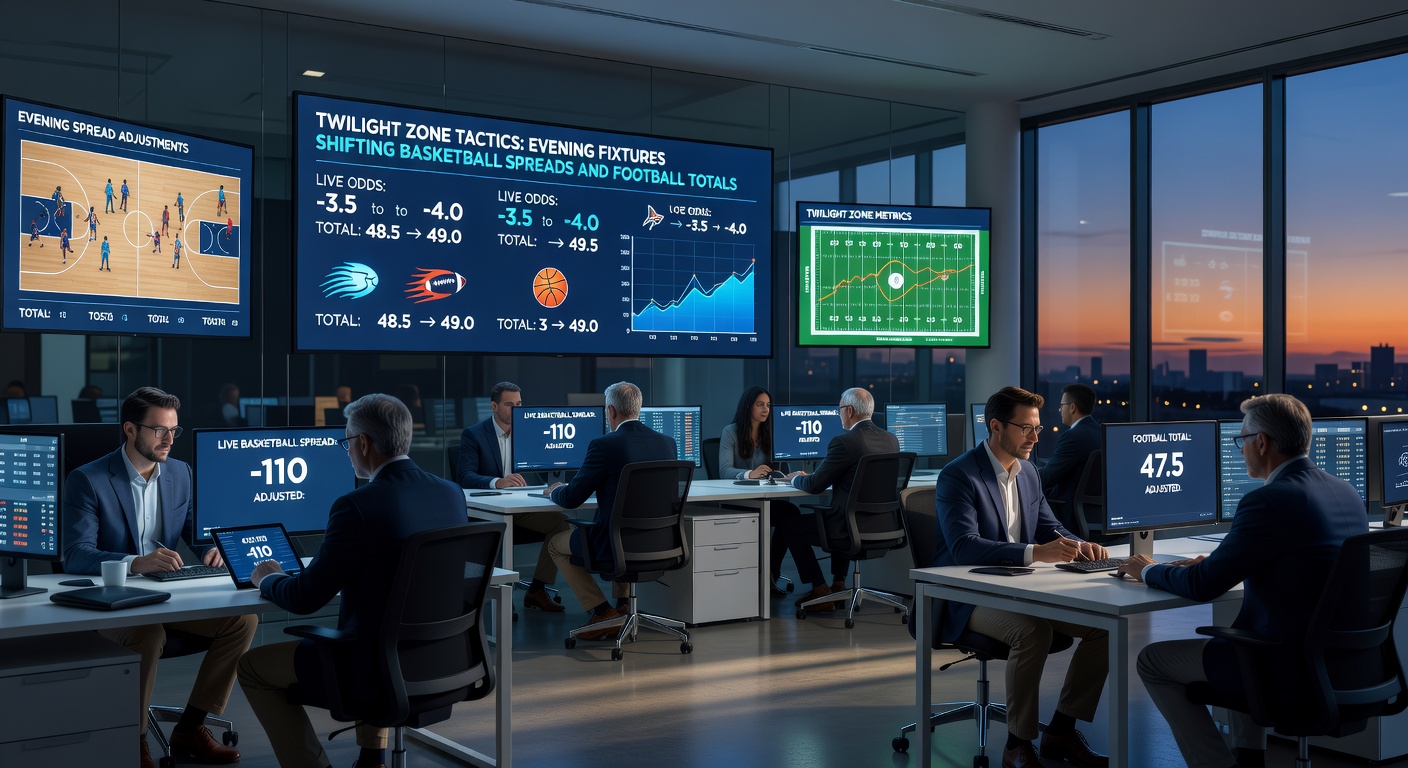 Football stadium at dusk with totals line movement graphics overlaid on the field