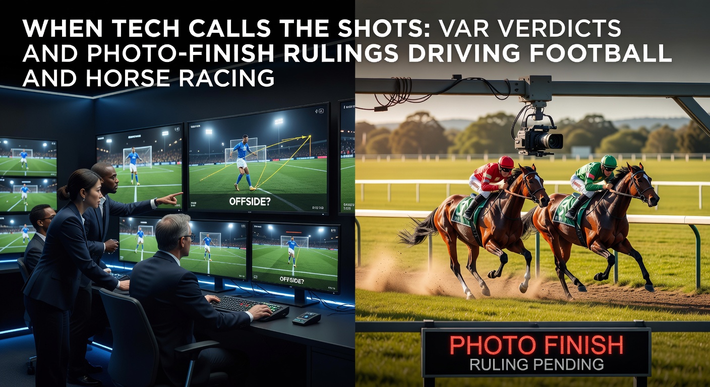 A dramatic photo-finish image from a horse race, showing two horses' noses nearly touching at the finish line under stadium lights, with stewards reviewing the replay